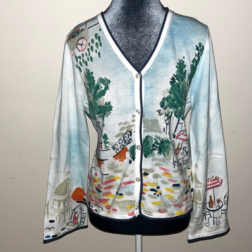 Y2K Lightweight Cardigan Sweater with Paris Cafe Design